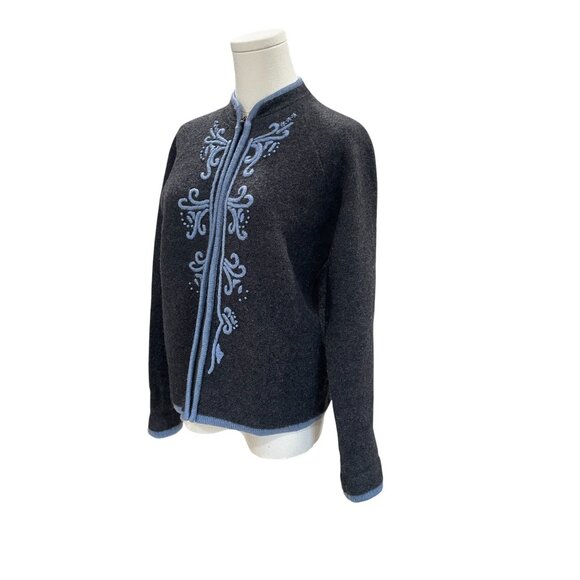 Karen Scott Petites Wool Cardigan Sweater Embroidered Zip Winter Cottagecore - Picture 6 of 8